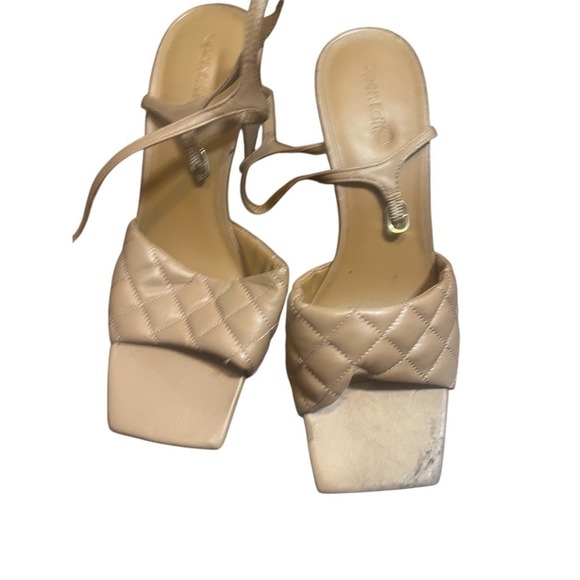Vince Camuto Shoes - Open Edit Mule Sandals Womens 9.5 Beige Quilted Square Toe Block Heel Tie